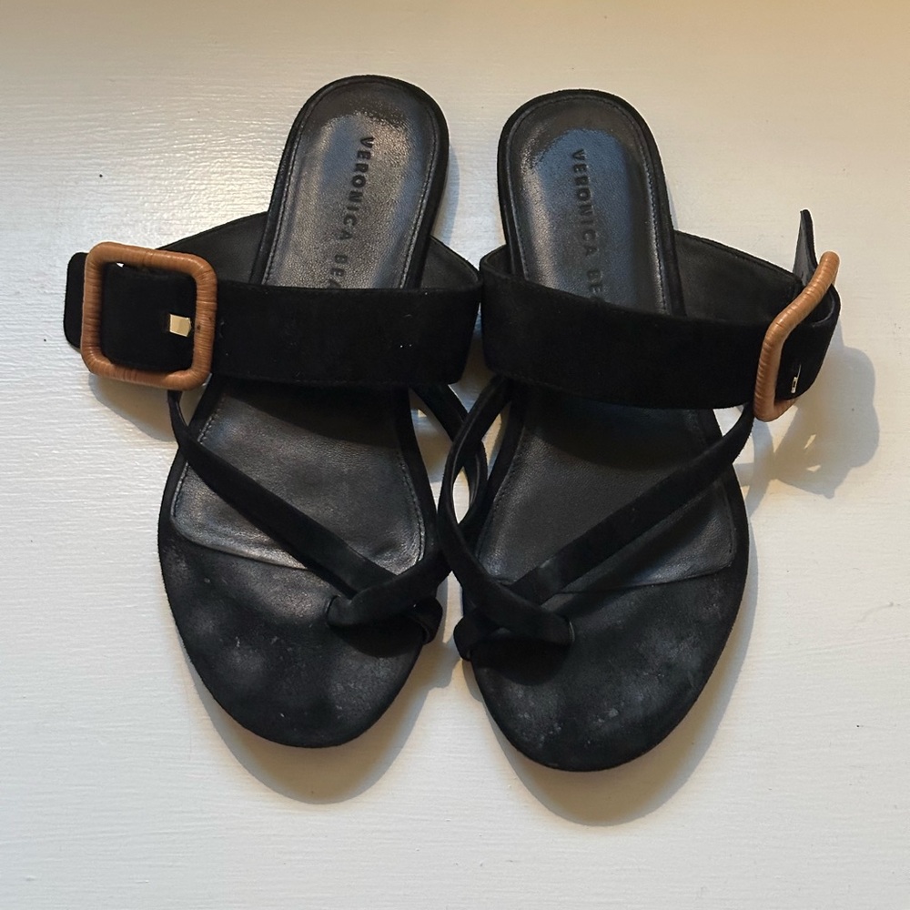 Veronica Beard Salva Black Suede Sandals with Tan Buckle